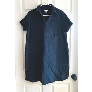 J Jill Navy Blue Crinkle Gauze Collared Shirt Dress Size S Short Sleeve Button